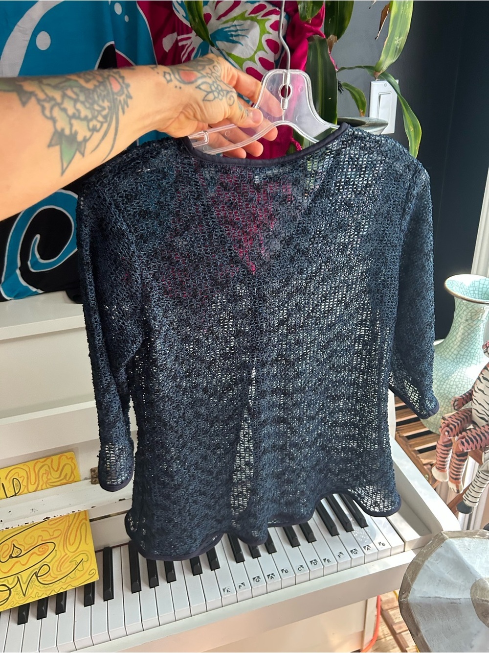 Point Zero Nicole Benisti Black Metallic Mesh Tie Front Cardigan Y2K Sheer Top - Picture 10 of 11